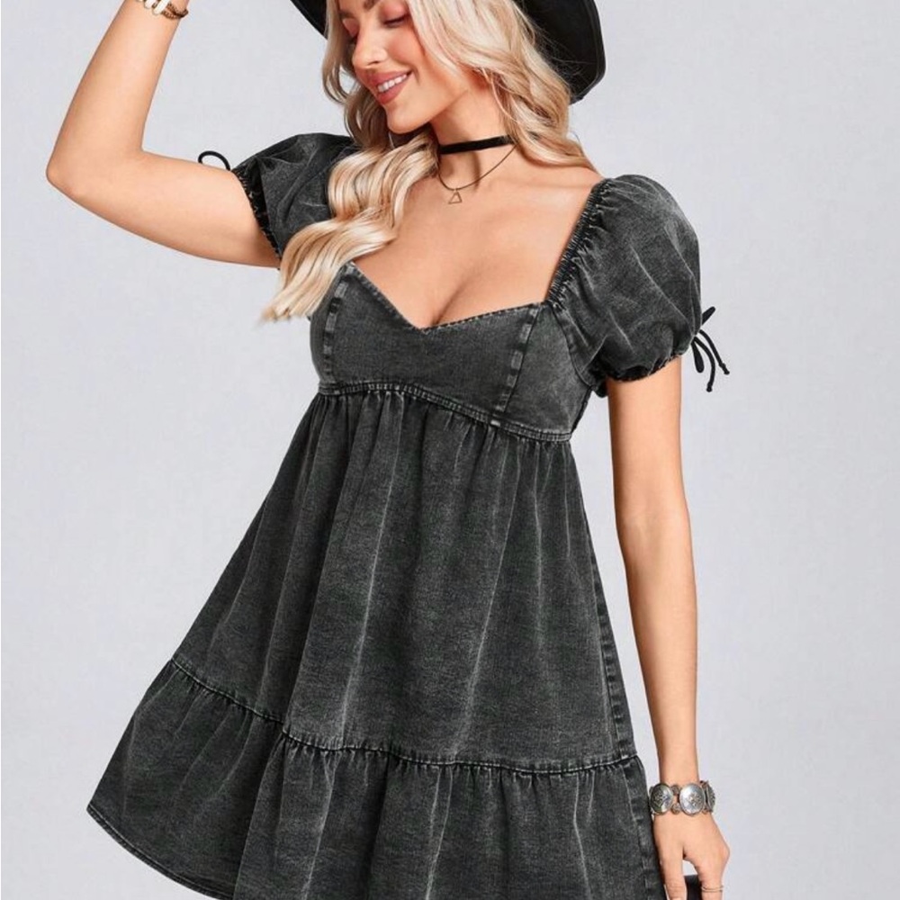 SHEIN Black Denim Puff Sleeve Mini Dress